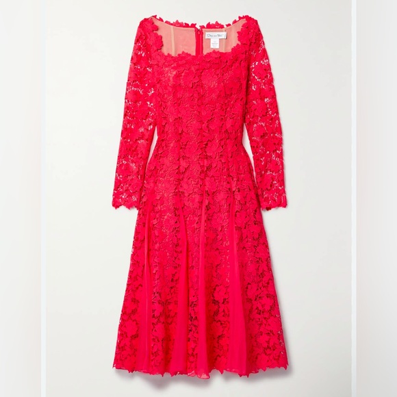 OSCAR DE LA RENTA Floral guipure lace midi dress red silk-chiffon size 12 - Picture 3 of 16